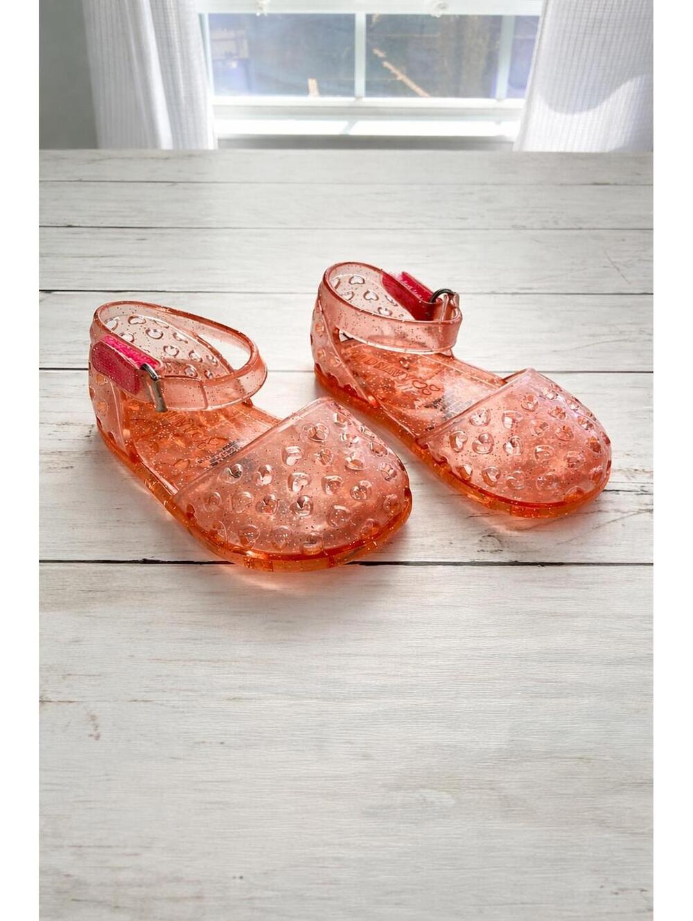 Girls Pink Glitter Jelly Mary Jane Shoes Hearts Size 10 (3–6M)